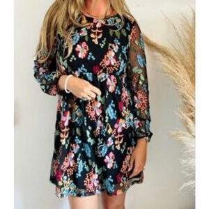 Philosophy Black Embroidered Mesh Long Sleeve Babydoll Dress L